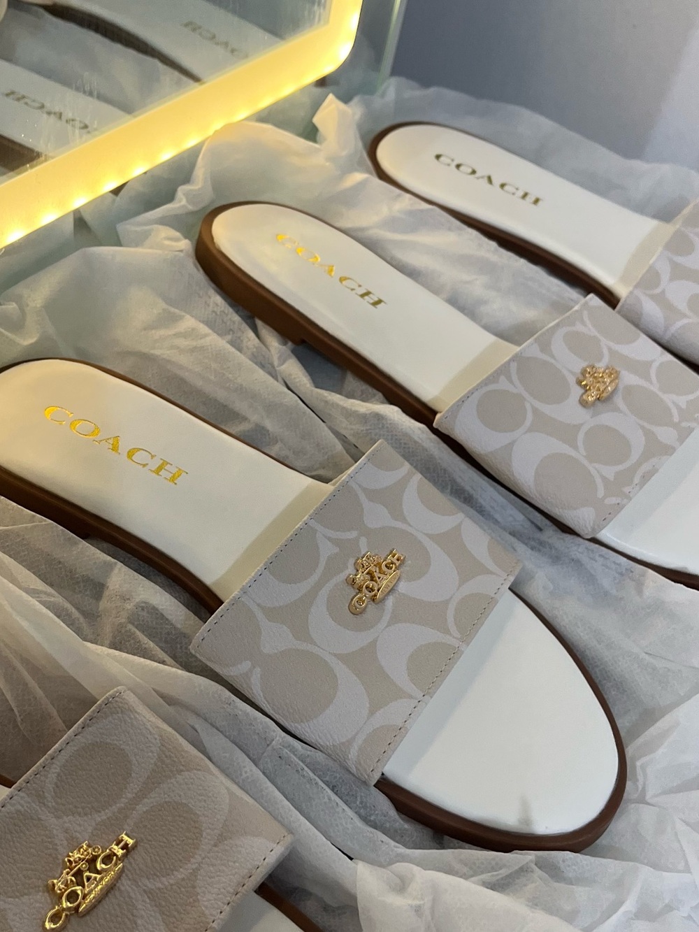 COACH Ivory/Tan Signature Slide Sandals with Gold Logo